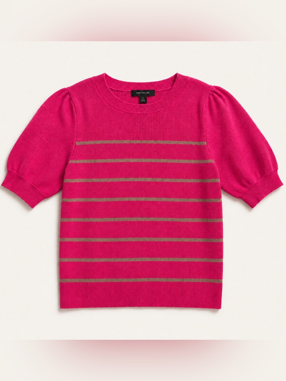 Ann Taylor Womens' Hot Pink Short-Sleeve Sweater with Green Stripes